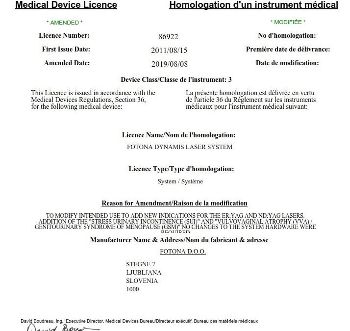 Medical Device License from Canada
